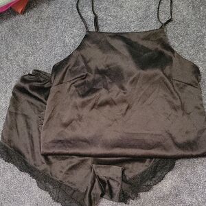 stars above Black Satin Lace Trim Cami & Shorts Sleep Set